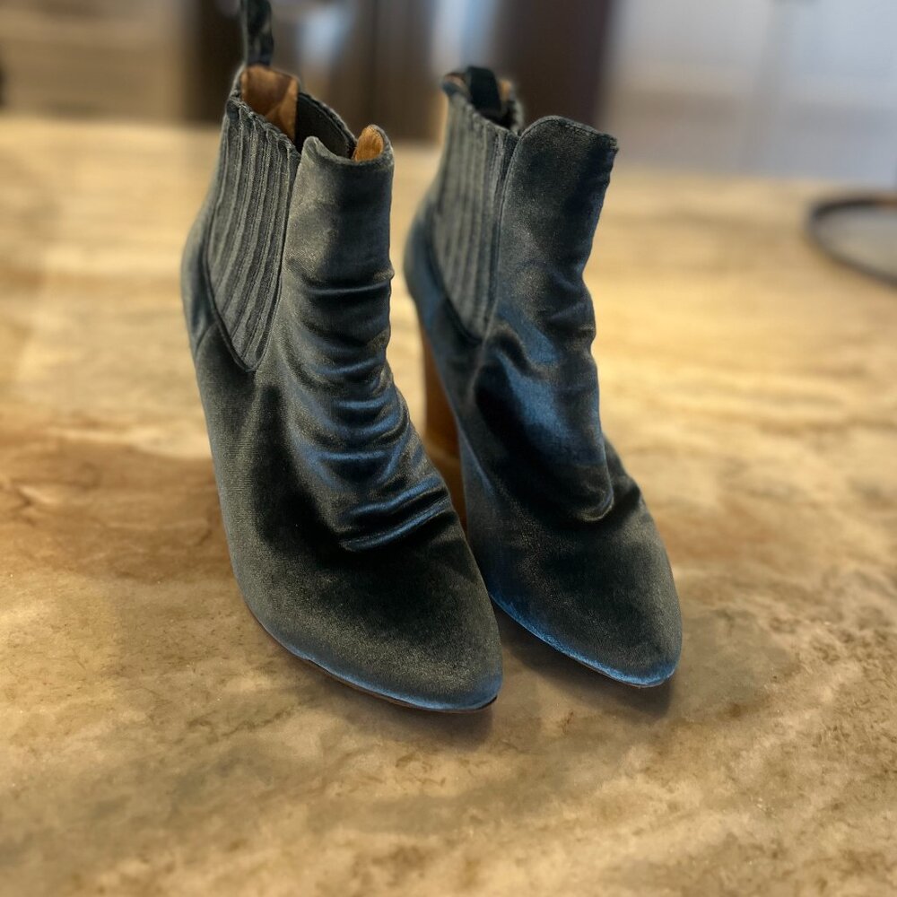 Madison Harding Blue Velvet Wedge Ankle Booties